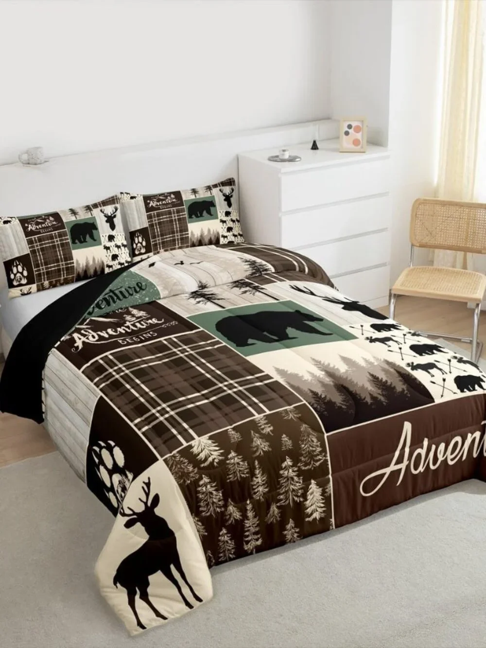 Rustic Patchwork King Bed Comforter Set, Hunting Deer Bear Bedding Retro Cabin L